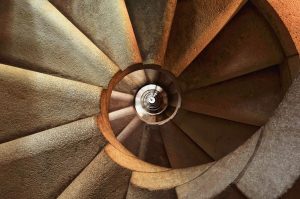 Spiral staircase with wooden railing