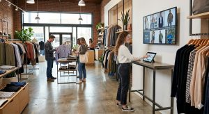 Customers shopping in a modern clothing boutique with organized apparel displays and a touchscreen style guide kiosk