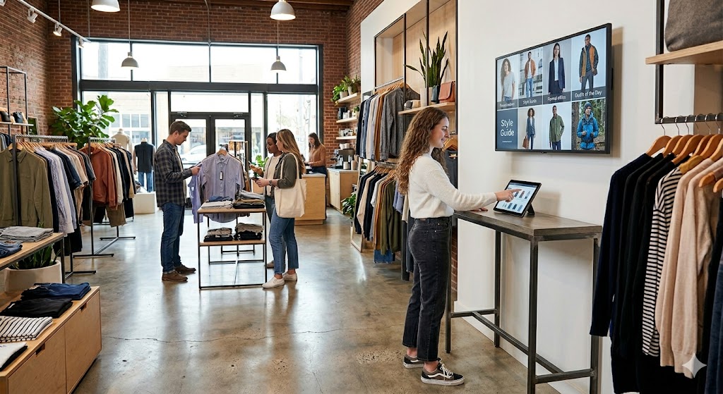 Customers shopping in a modern clothing boutique with organized apparel displays and a touchscreen style guide kiosk