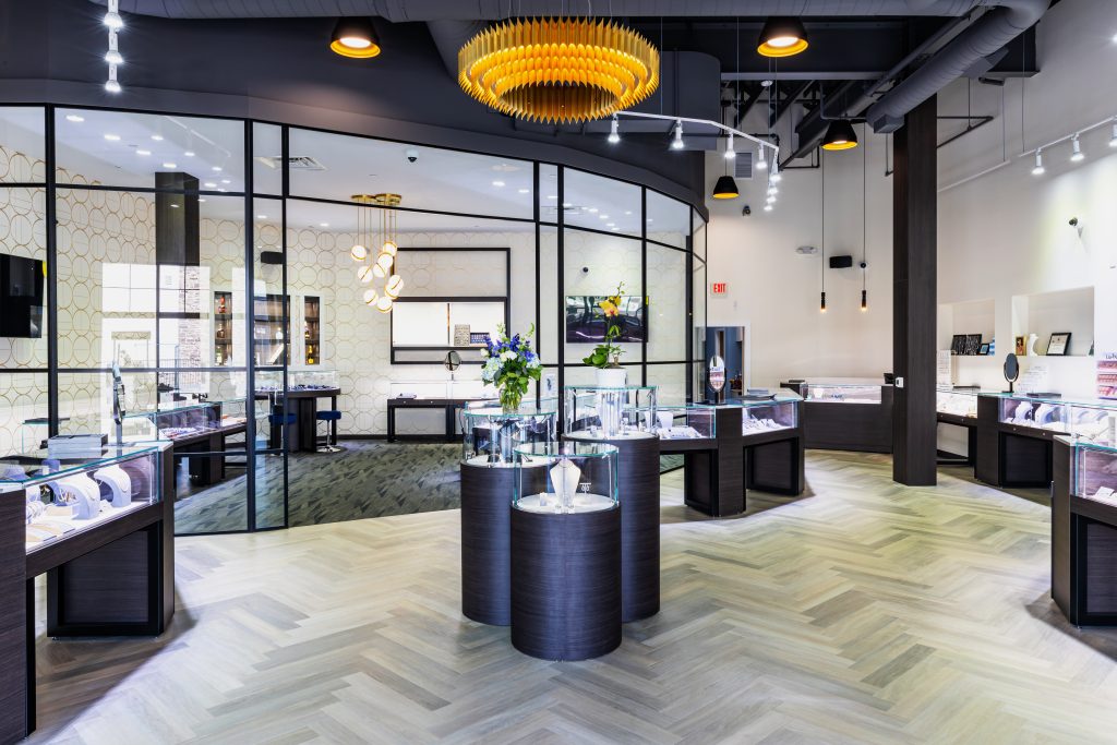Inside of a jewelry store showing ceiling and lighting options
