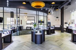 Inside of a jewelry store showing ceiling and lighting options