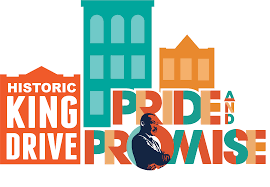 Historic King Drive BID and Brownsville logo featuring colorful city buildings, bold typography, and an illustrated portrait symbolizing Milwaukee’s historic King Drive district.
