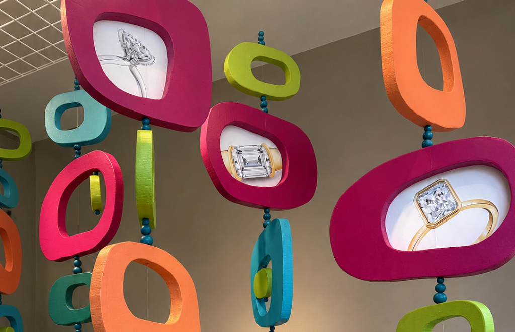 Mid-Century Modern jewelry store window display featuring colorful geometric hanging shapes with images of diamond rings in the circles.